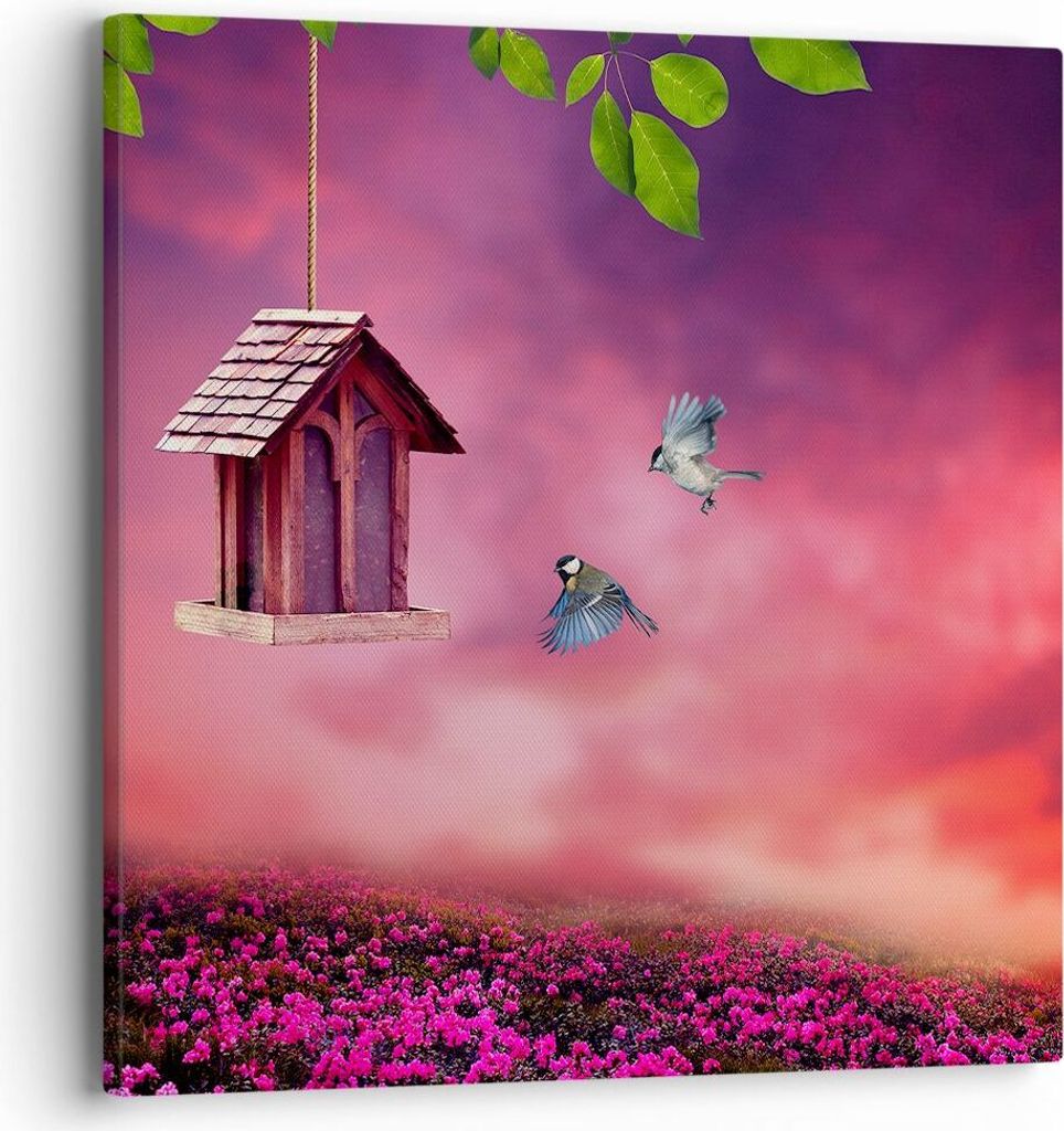 Bild auf Leinwand - Leinwandbild - Vögel Wiese Garten Dekoration - 40x40cm - Wand Bild - Wanddeko - Leinwanddruck - Bilder - Kunstdruck - Wanddeko...