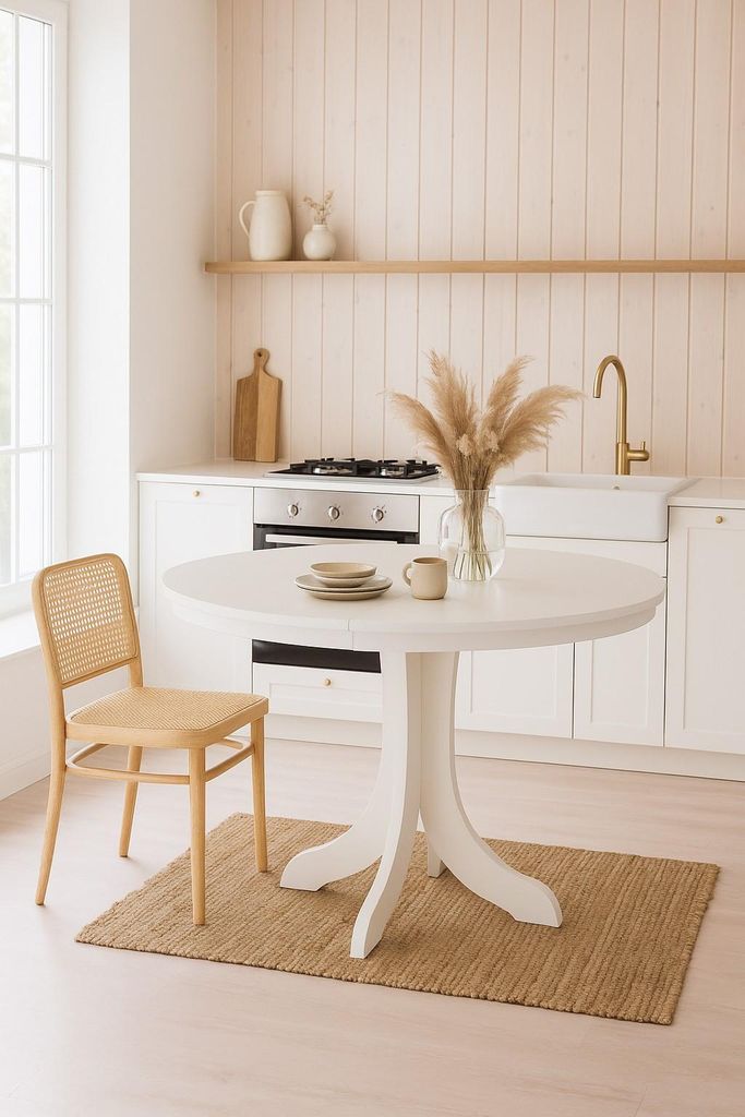 A white round dining table with a wooden chair next to it, set in a bright kitchen.