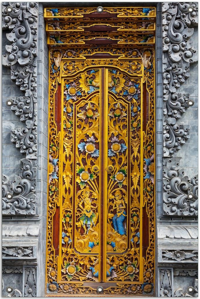 Wallario Outdoor-Poster für Garten oder Balkon, Motiv Bunte buddhistische Tempeltür, in ca. 80 x 120 cm