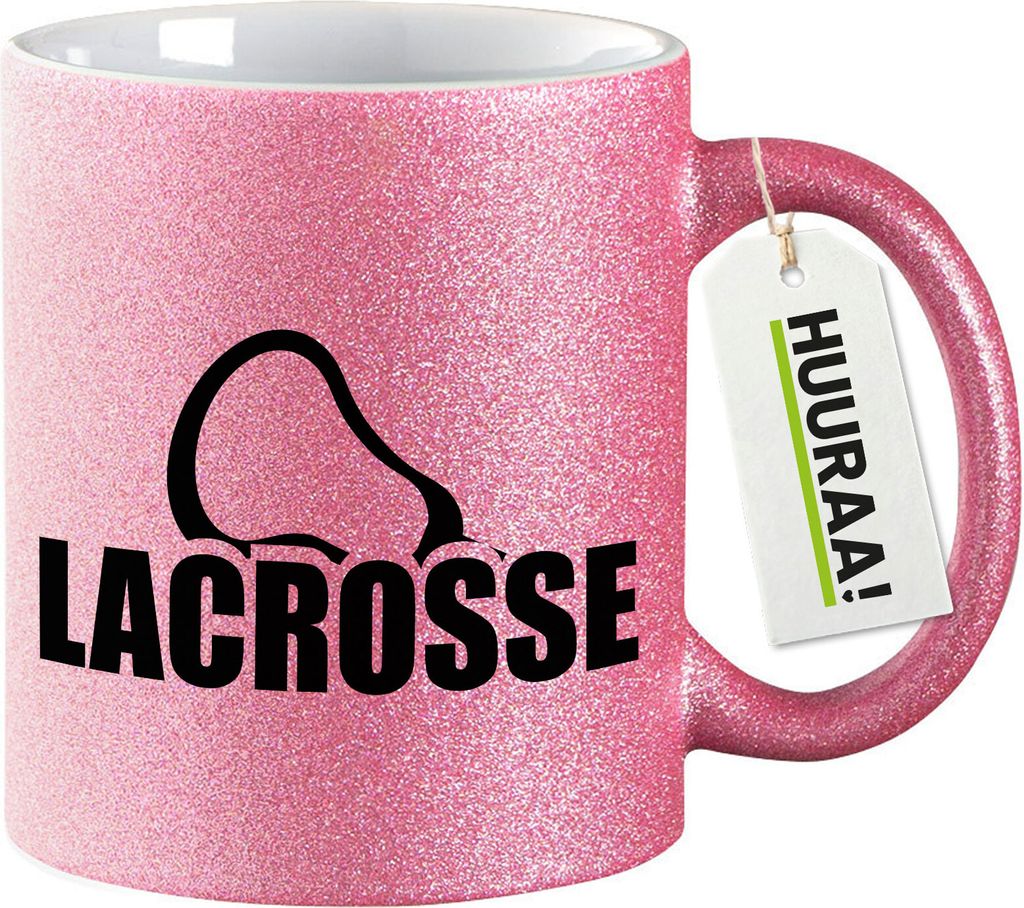 Huuraa Glitzertasse Lacrosse Schriftzug 330ml Pink Keramik Kaffeebecher Geschenkidee