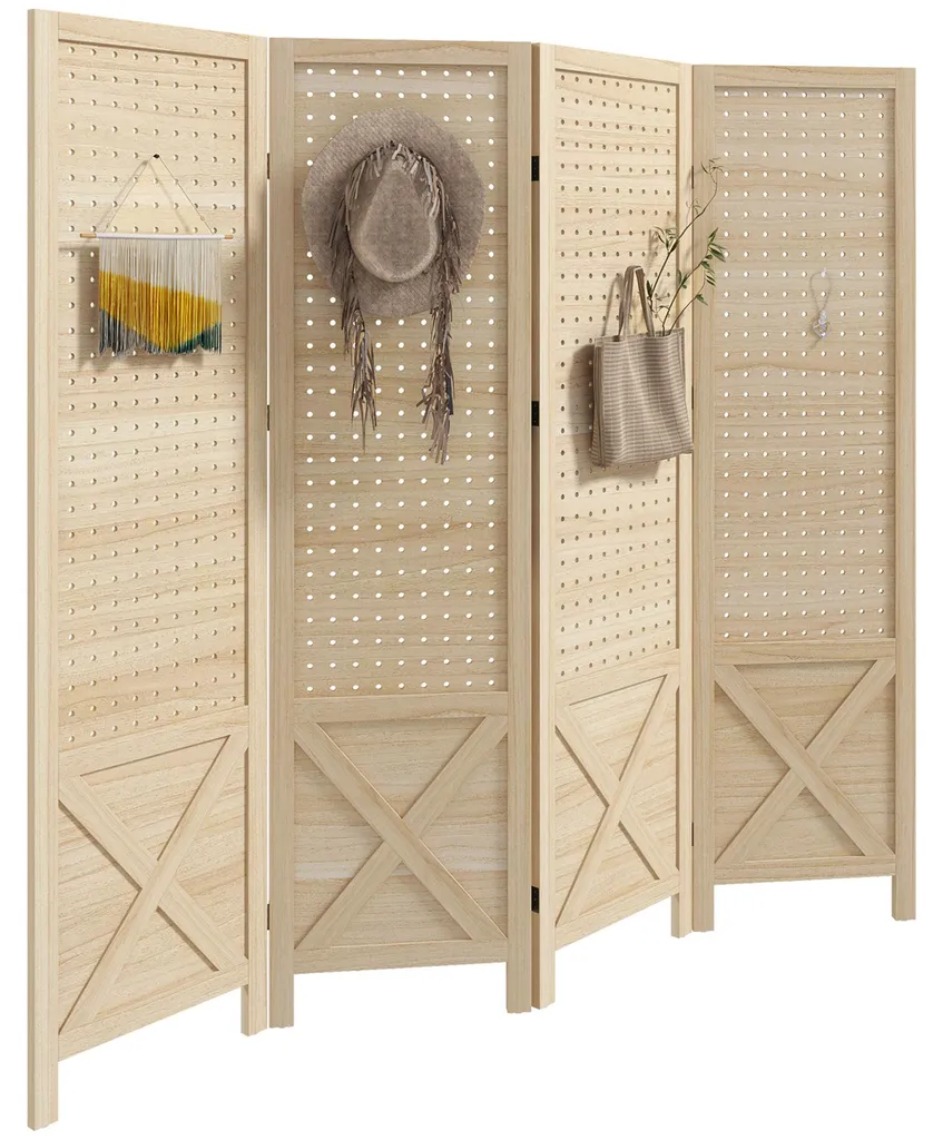 Séparateur de pièce pliable en bois naturel 4 volets style authentique