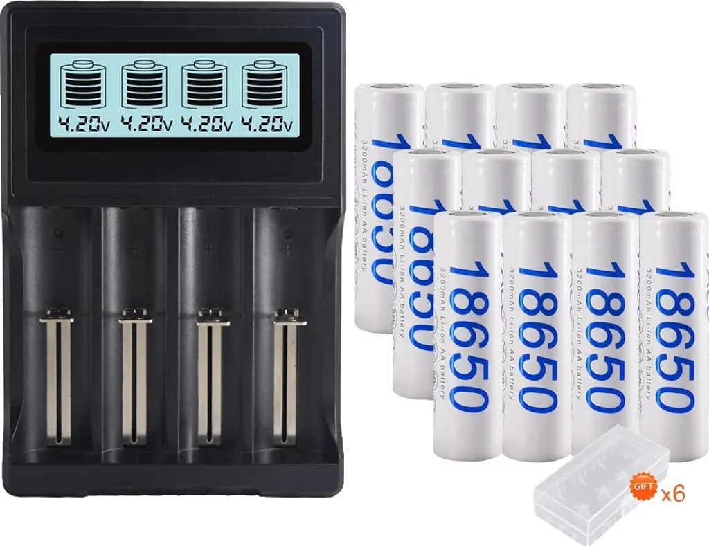 batteria 18650 agli ioni di litio, capacità 3200 mAh, tensione 3,7 V, caricatore disponibile, 12 pezzi e caricatore