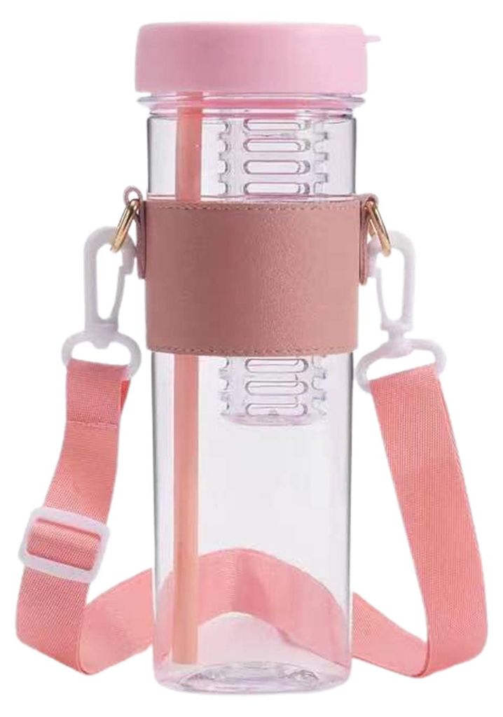 850-ml-Wasserflasche mit faltbarem Strohhalm, großem Fassungsvermögen, Teefilter, verstellbarem Tragegurt, Früchteteebecher für unterwegs