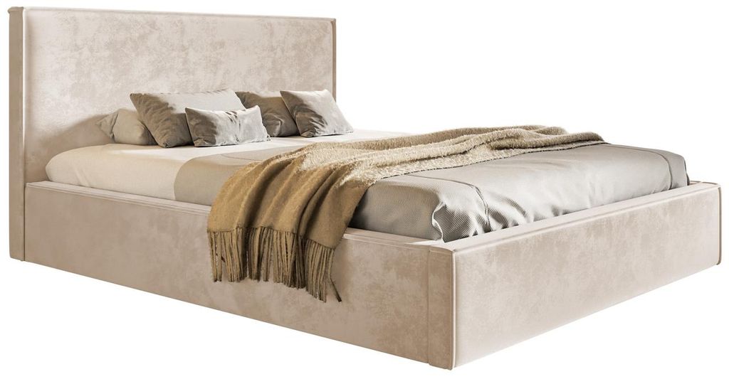 Polsterbett mit Bettkasten 140x200 Kyoto - Metall Lattenrost, Kopfteil - Doppelbett, Samtstoff, Beige