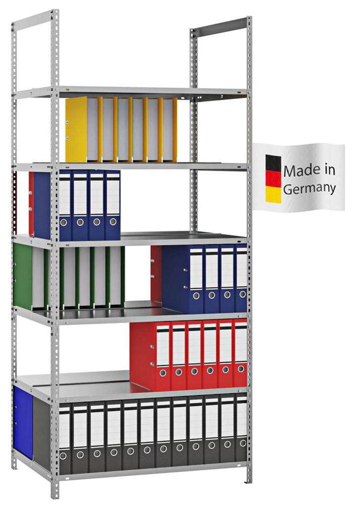 PROREGAL Aktenregal Schraubsystem MAGNUS Germany | HxBxT 220x100x60cm | 6 Ebenen | Fachlast 90kg | Beidseitig nutzbar | Verzinkt