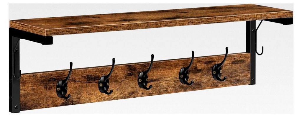 Wandgarderobe mit 7 Haken und Ablage, Hängeregal zur Wandmontage, für Flur, Wohnzimmer, Küche, Dunkelbraun-Schwarz