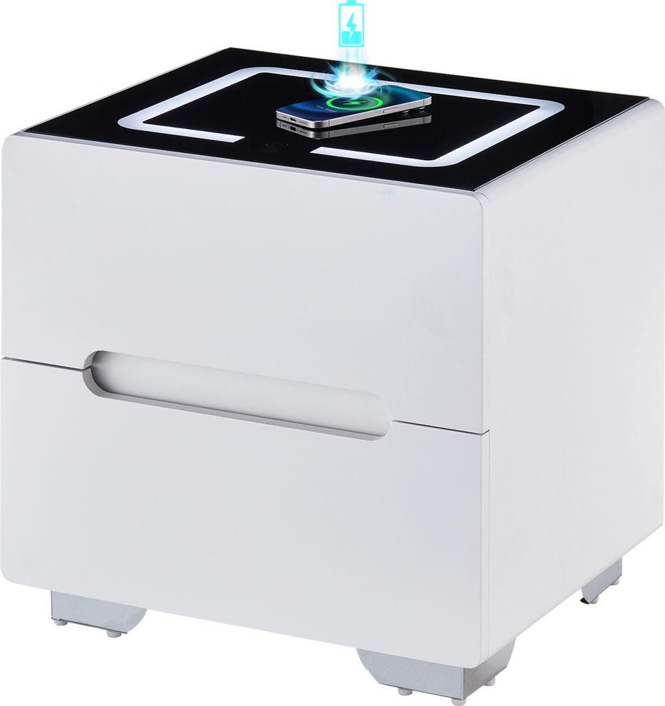 CLIPOP Nachttisch mit kabelloser Ladefunktion, Led Nachttisch, 2 Schubladen Kommode, Schwarz