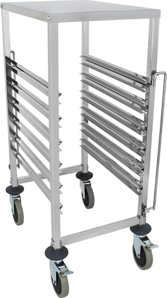 A stainless steel tray trolley with multiple shelves and wheels, shown from a slightly angled front view against a white background.