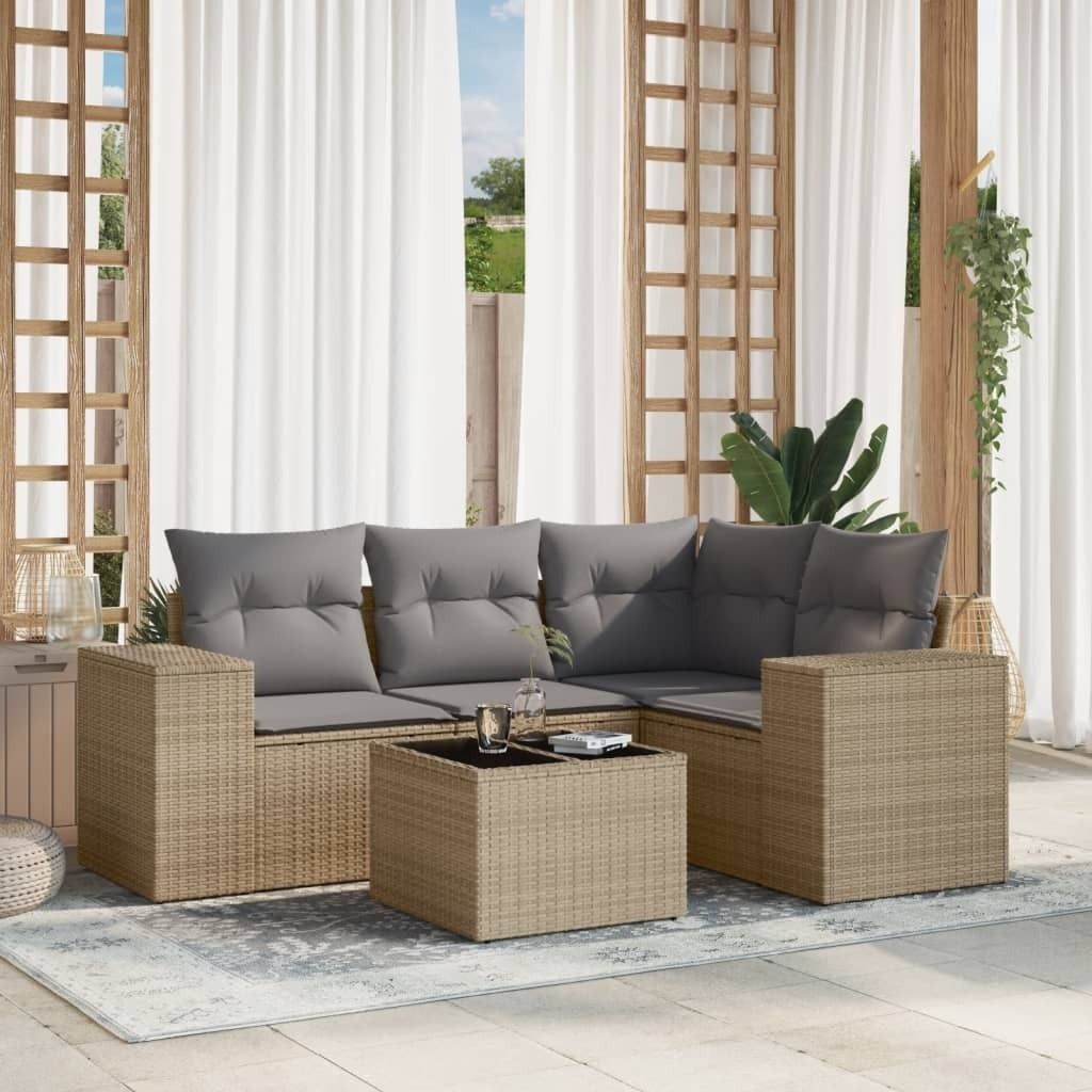 Design 5-tlg. Garten-Sofagarnitur mit Kissen Beige Poly Rattan, Gartensofas 2024 Neu
