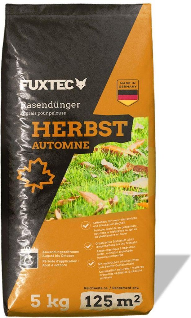 FUXTEC Herbstrasendünger FX-RDH5 | Kaliumdünger für ca. 250 m² | 5 kg Granulat für Herbstpflege | Frosthärte & widerstandsfähiger Rasen