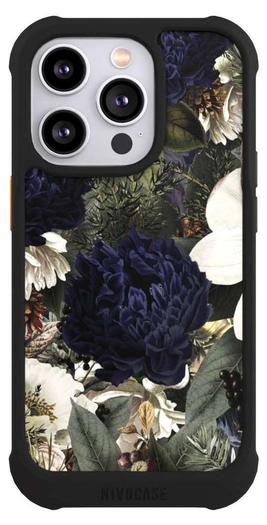 NIVOCASE Hülle für Apple iPhone 14 Pro Stoßfeste Handyhülle NIVOmax Case Schwarz Blumen Utart Vintage