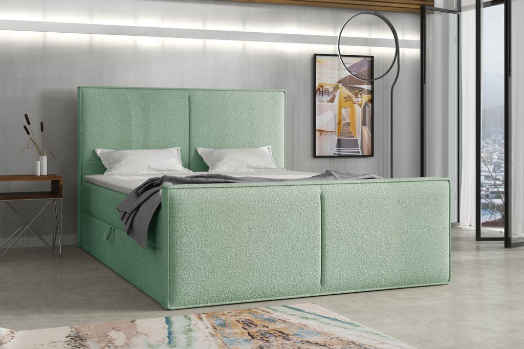 Emoebel24 Boxspringbett mit Topper und Bettkasten, Polsterbett, Doppelbett, Bett 120x200 cm Calipso Minze