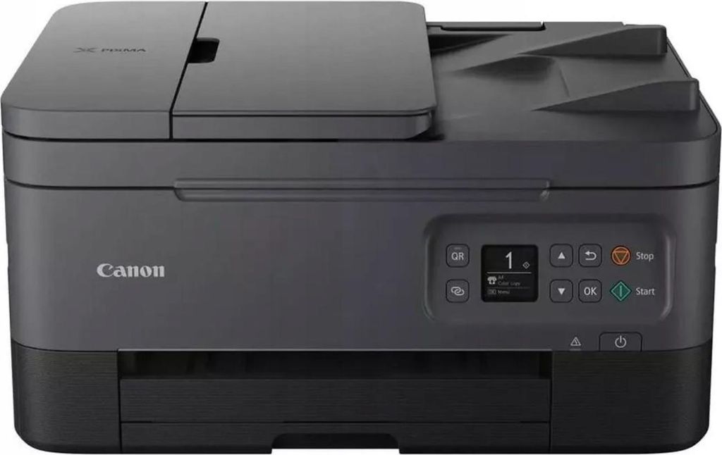 A front view of a black and gray Canon Pixma printer.