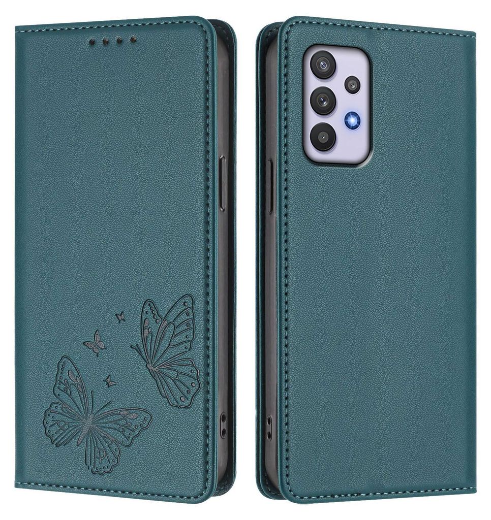 Lederhülle für Samsung Galaxy A32 4G, Schmetterling Prägung Leder Brieftasche Schutzhülle mit Ständer Grün
