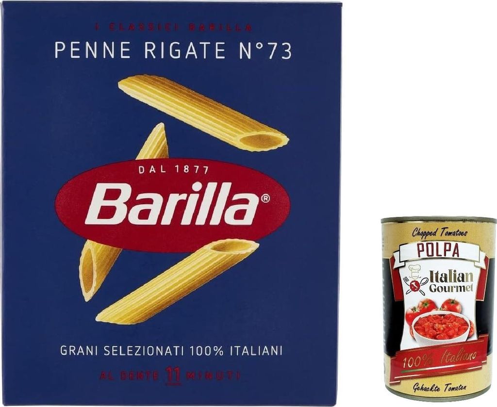5x Pasta Penne rigate Nr. 73, 100% italienisch Nudeln 500 g pack + Italian Gourmet polpa 400g