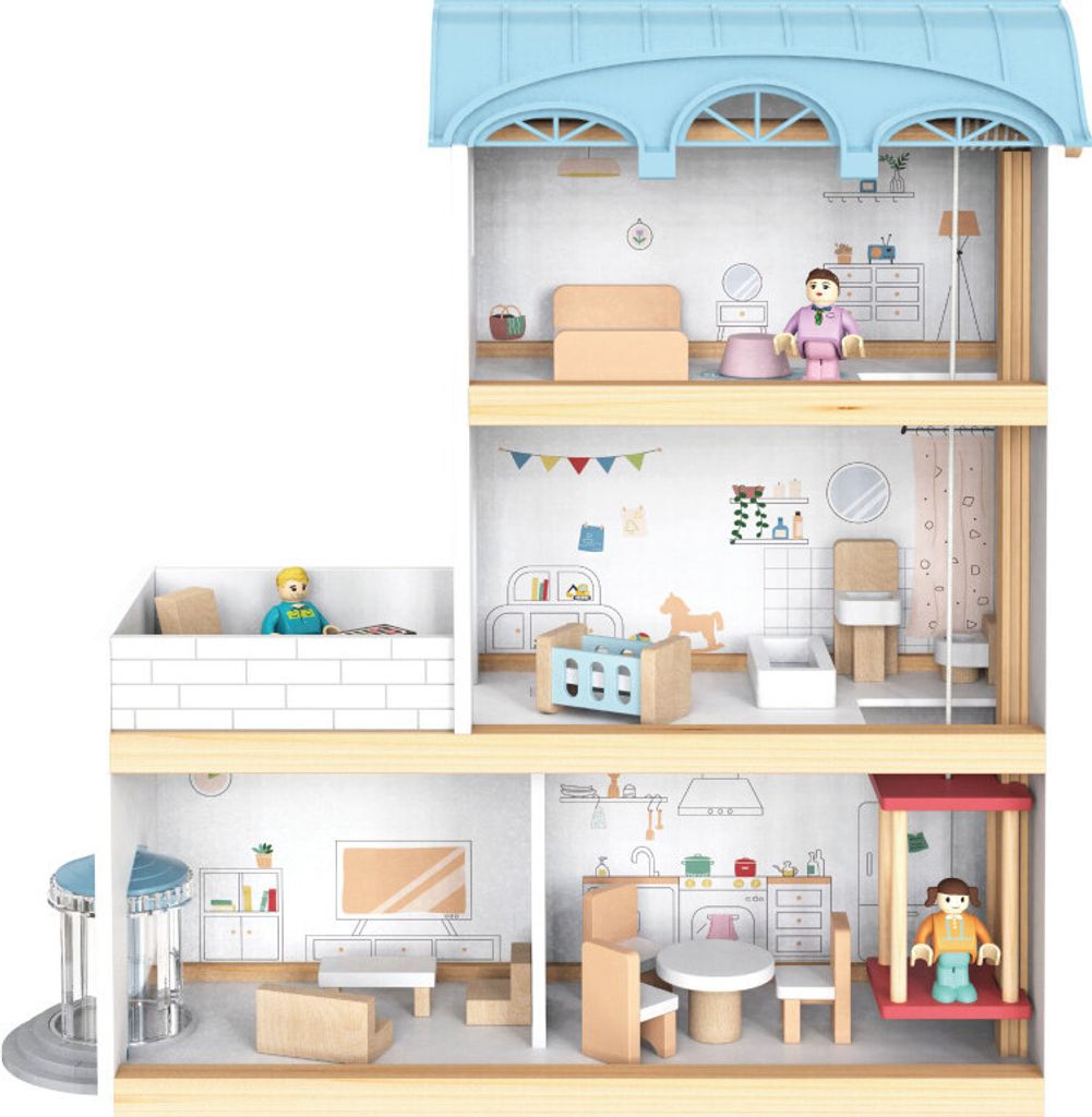 4iQ Große Holzpuppenhaus ULA 39,3x13,5x41,5 cm mit Zubehör Produktbild 