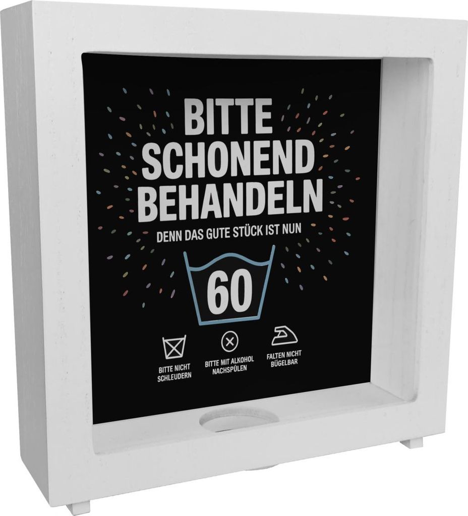 Wäschepflegeetikett Rahmen Spardose aus Holz bitte schonend behandeln wird 60