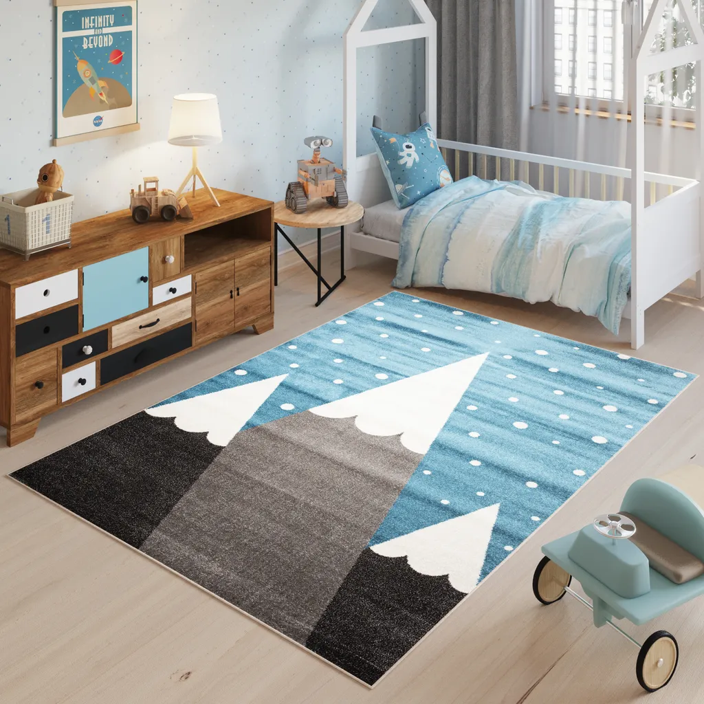 Tapis chambre d'enfant motif montagne bleu blanc marron doux 200x300