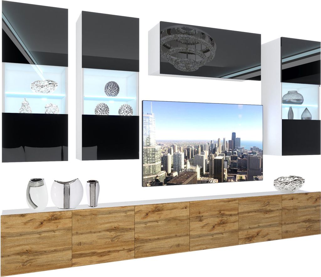 BELINI Wohnwand Vollausstattung Wohnzimmer-Set Moderne Schrankwand mit LED-Beleuchtung Weiß Glänzend Anbauwand TV-Schrank Schwarz / Wotan Eiche G...