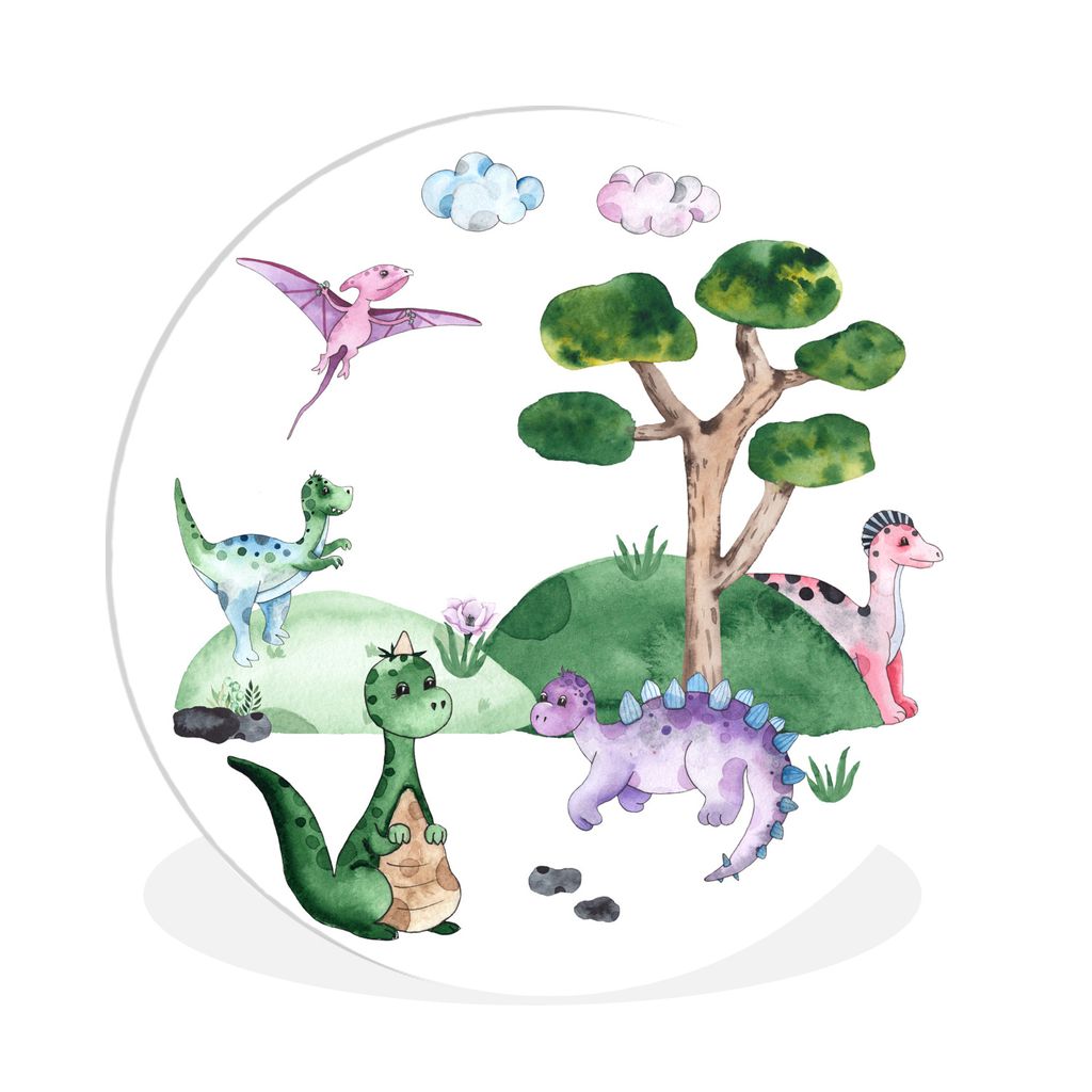 MuchoWow Rundes Wandbild - Runde Bilder Kinderzimmer - Dinosaurier - Weiß - Jungen - Mädchen - Kind Ø 90 cm Kreis Wanddekoration Kunststoff - ...