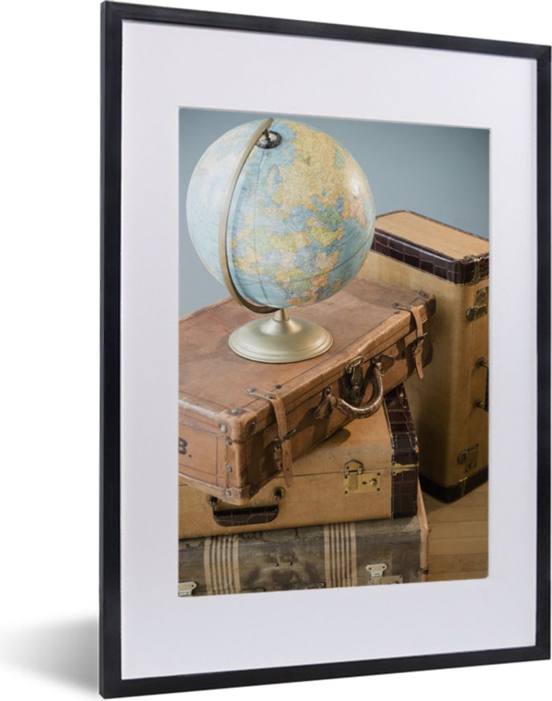 MuchoWow MuchoWow Gerahmtes Poster Koffer - Globus - Vintage 30x40 cm - Poster mit zchwarzem Bilderrahmen - Wandposter Schlafzimmer