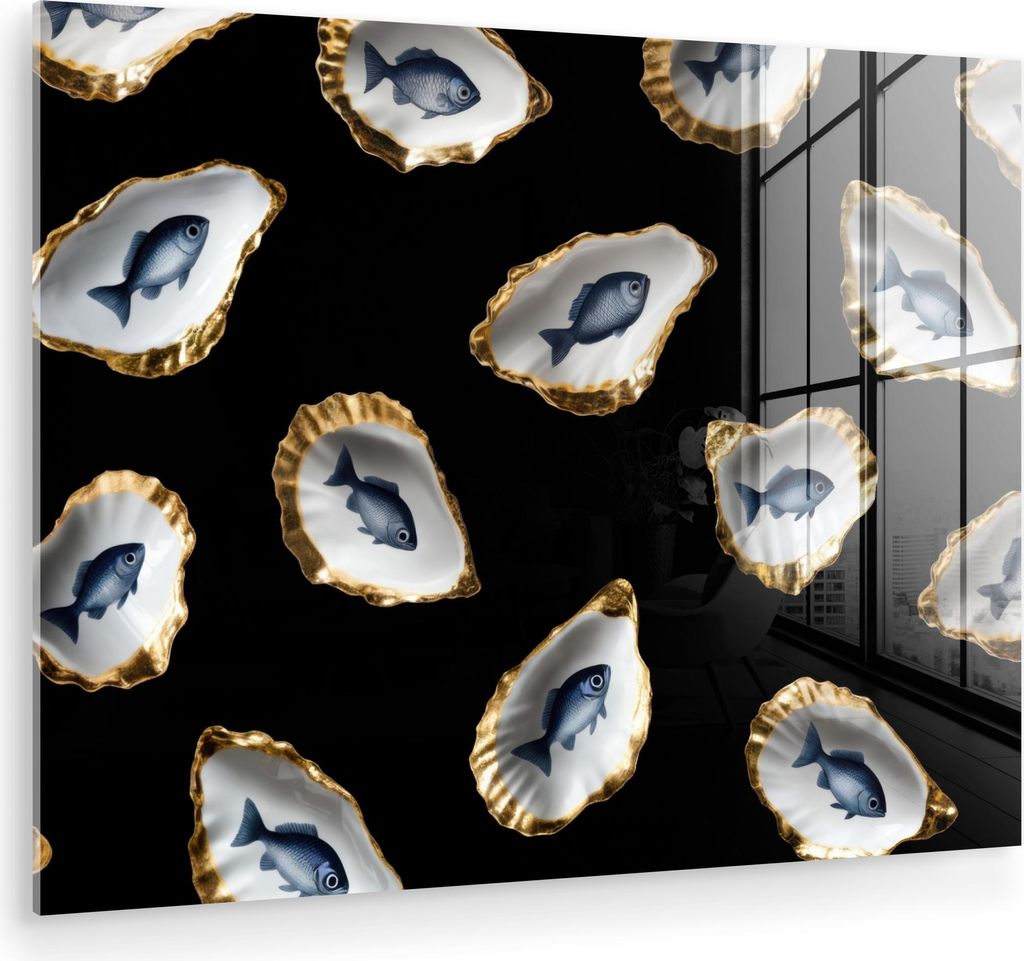 MuchoWow Glasbilder - Bilder auf Wandbild - Foto auf Glas Austern - Fisch - Blau - Gold 40x30 cm Wanddekoration aus Glas - Acrylglasbild - Acrylbil...