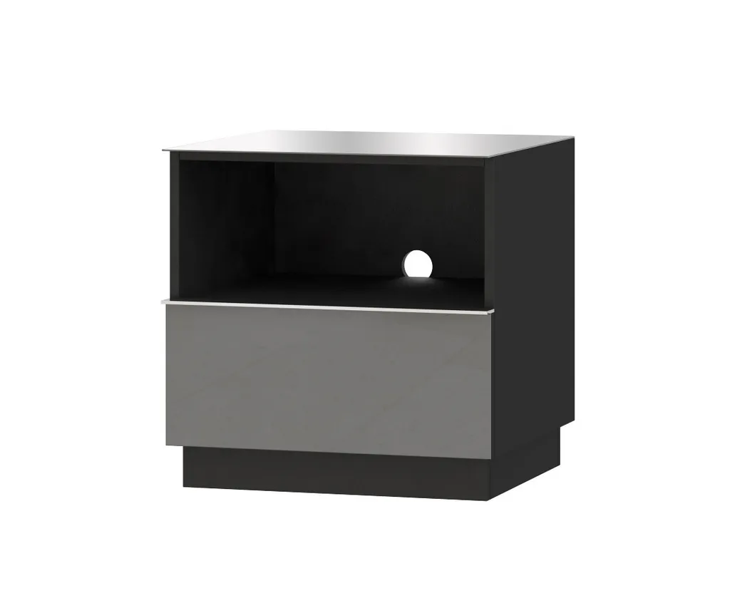 Meuble TV bas gris avec tiroir et niche de rangement pour petit écran