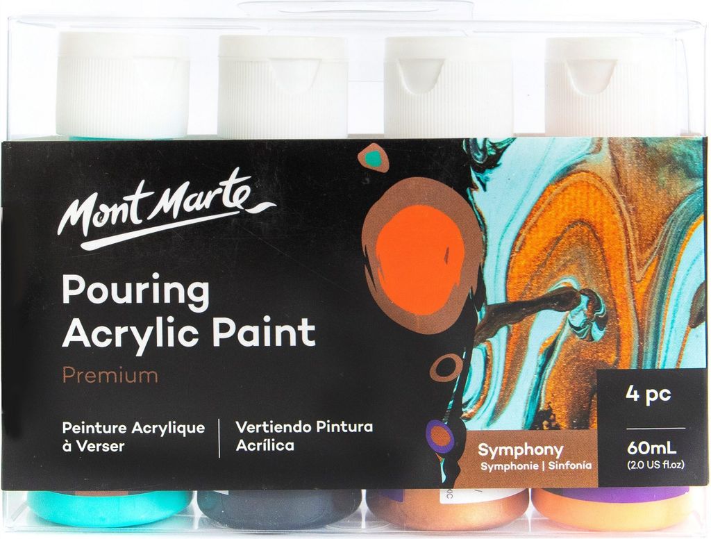 Mont Marte Bastelfarbe PREMIUM Pouring Acrylfarbe, Gieß-Acryl, je 4 x 60 ml, Farbe Symphony,Untereinander vermischbar & bereits mit Medium vorgemi...