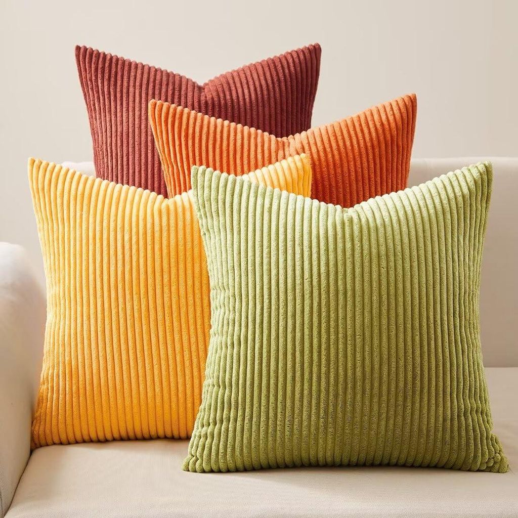 4er-Set Kissenbezüge 50x50 cm, Cord, gelb, grün, orange, Sofakissen, Dekokissen für Sofa, Bett, Wohnzimmer, Kinderzimmer, flauschig