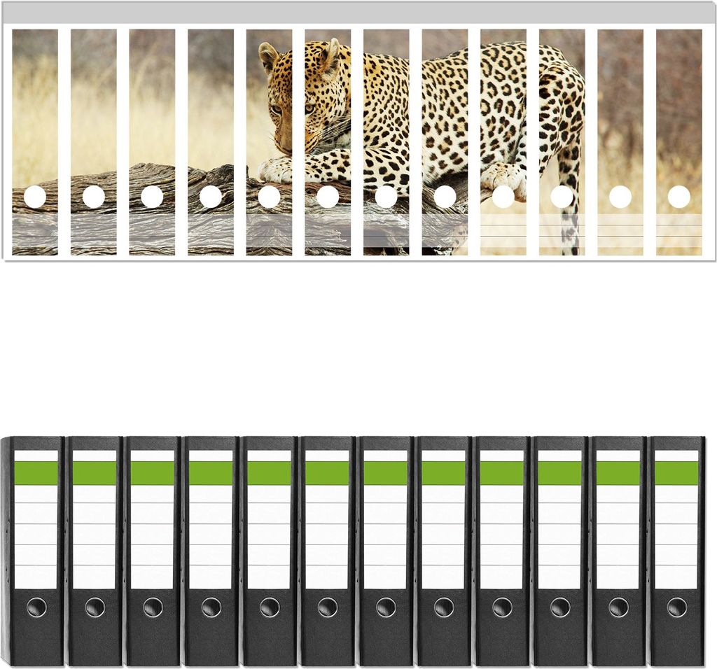 Wallario 12 Stück breite Ordner inkl. Klebeetiketten mit Motive Leopard auf Baumstamm in Afrika - Set mit Rückenschildern / Ordnerrücken Stickern
