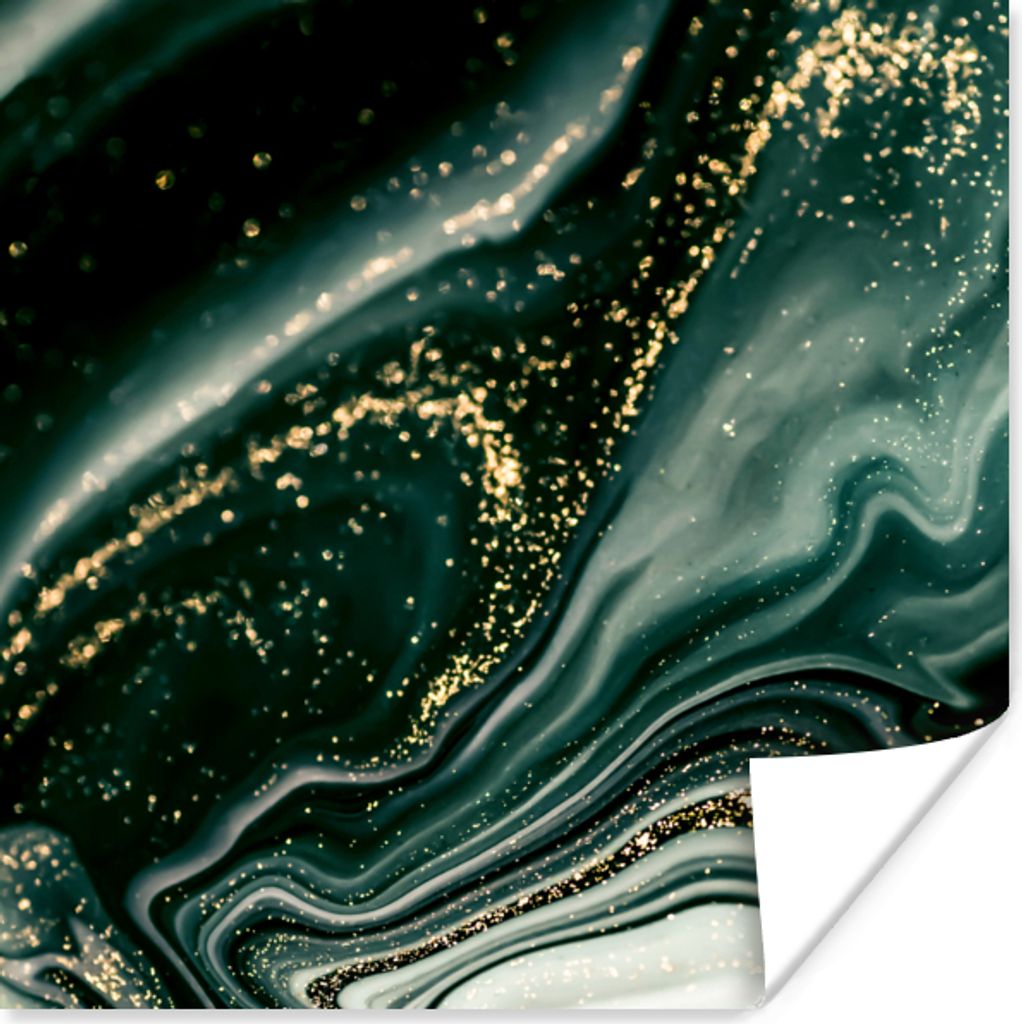 MuchoWow Poster Marmoroptik - Gold - Grün - Glitter - Design - Marmor 50x50 cm - Wohnzimmerdekoration