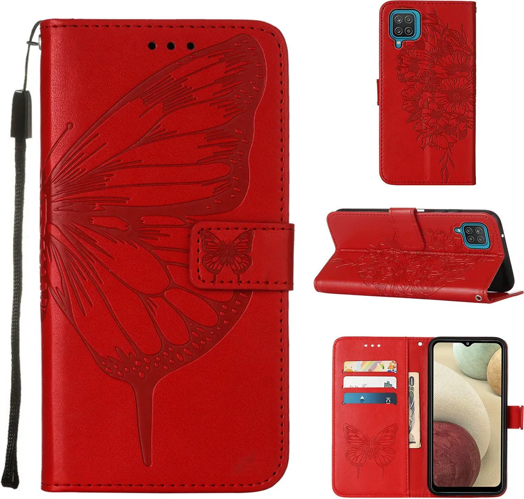 Galaxy A12 Case, Butterfly Relief Flip Custodia in pelle con slot per schede e stand per Samsung Galaxy A12 rosso