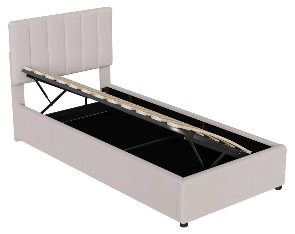 Lit avec rangement sous matelas beige et sommier relevable hydraulique