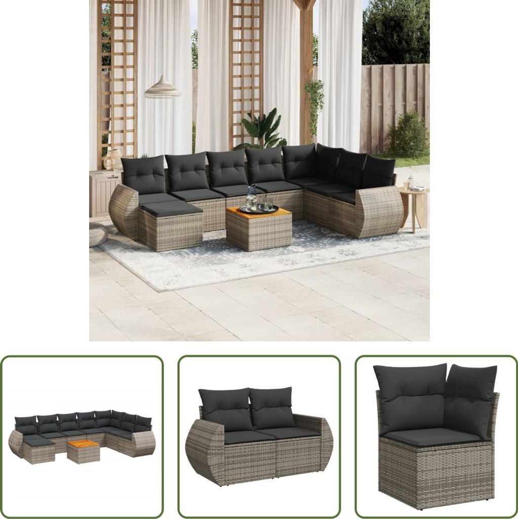 The Living Store 9-tlg. Garten-Sofagarnitur mit Kissen Grau Poly Rattan