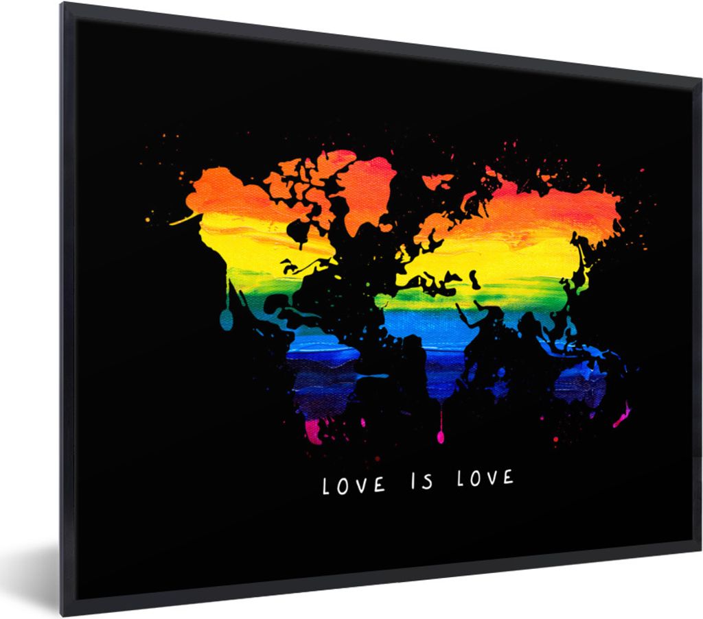 MuchoWow Gerahmtes Poster Weltkarte - Regenbogen - Liebe 40x30 cm - Poster mit Schwarzem Bilderrahmen Wandposter Rahmen Foto Bilder - Kunstposter...