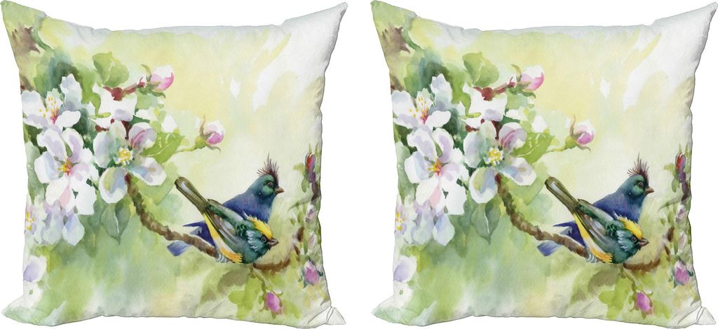 ABAKUHAUS Blumen Kissenbezug Set (2Stück), Aquarell-Art-Effekt-Vögel des Frühlinges auf Baumast-Illustration, 40 x 40 cm, Gelb und Grün Reseda