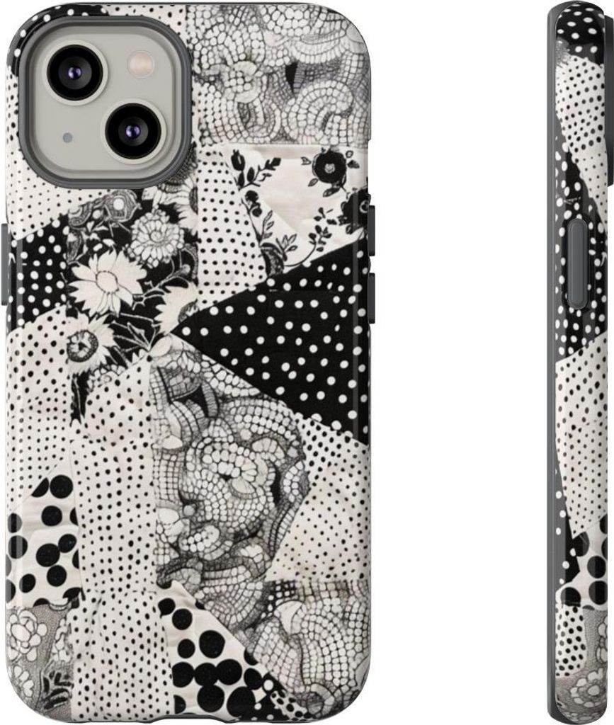 Schwarz-weißes Patchwork mit Blumen- und Punktmuster – Hülle Kompatibel mit iPhone 14