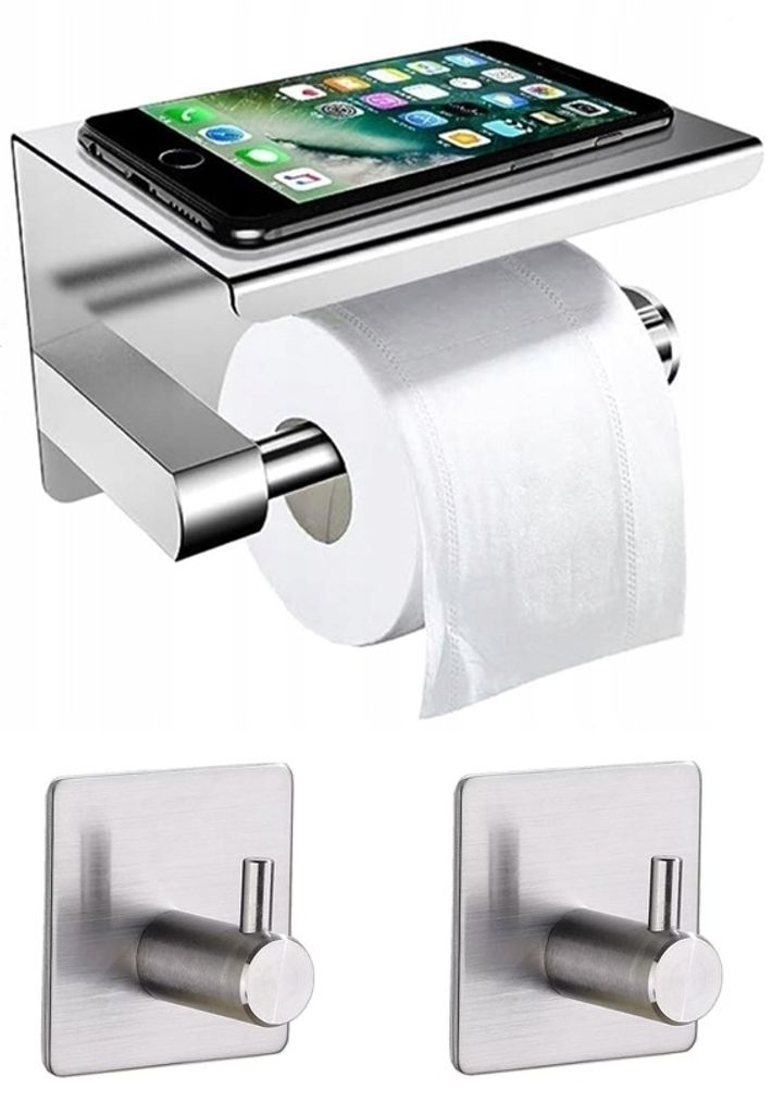 Toilettenpapierhalter mit Ablage Badezimmerhaken 2 Stück Silber