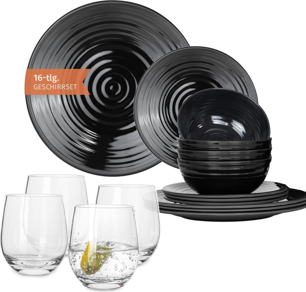 Melamin Camping Geschirr Set 4 Personen Stone Dark Black + 4 Timo Gläser Wassergläser Tafelgeschirr Picknick BBQ Kochgeschirr