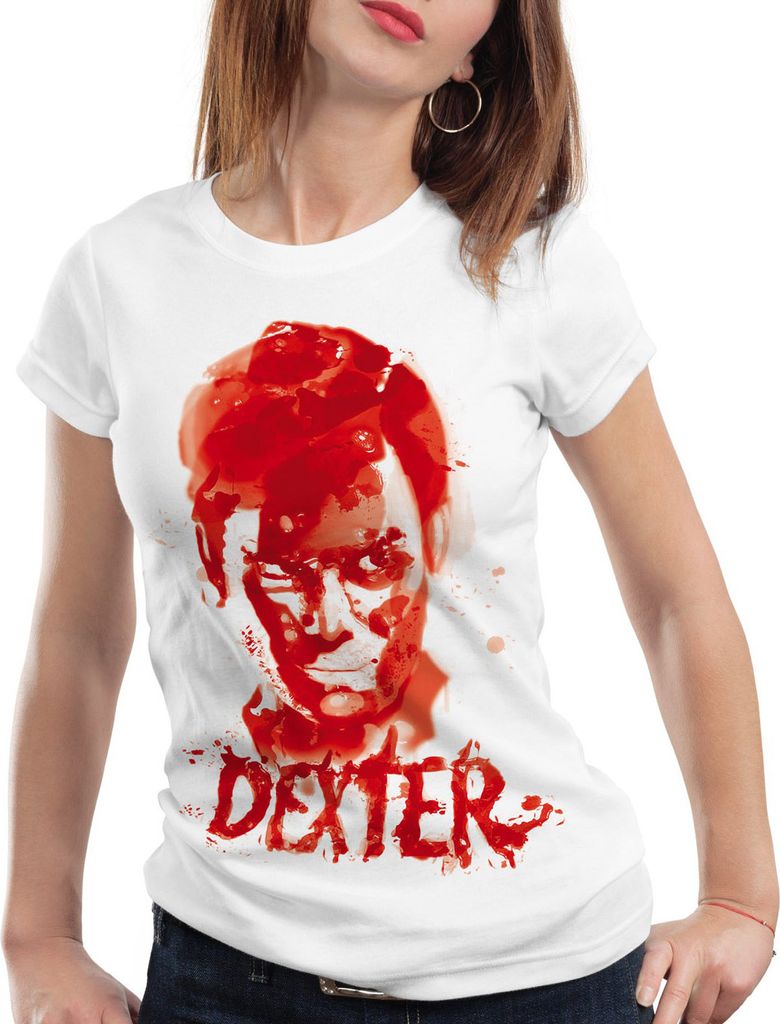style3 Dexter Blutspur T-Shirt Dam serie mord morgan trinity serienkiller, Farbe:Weiß, Größe:XL