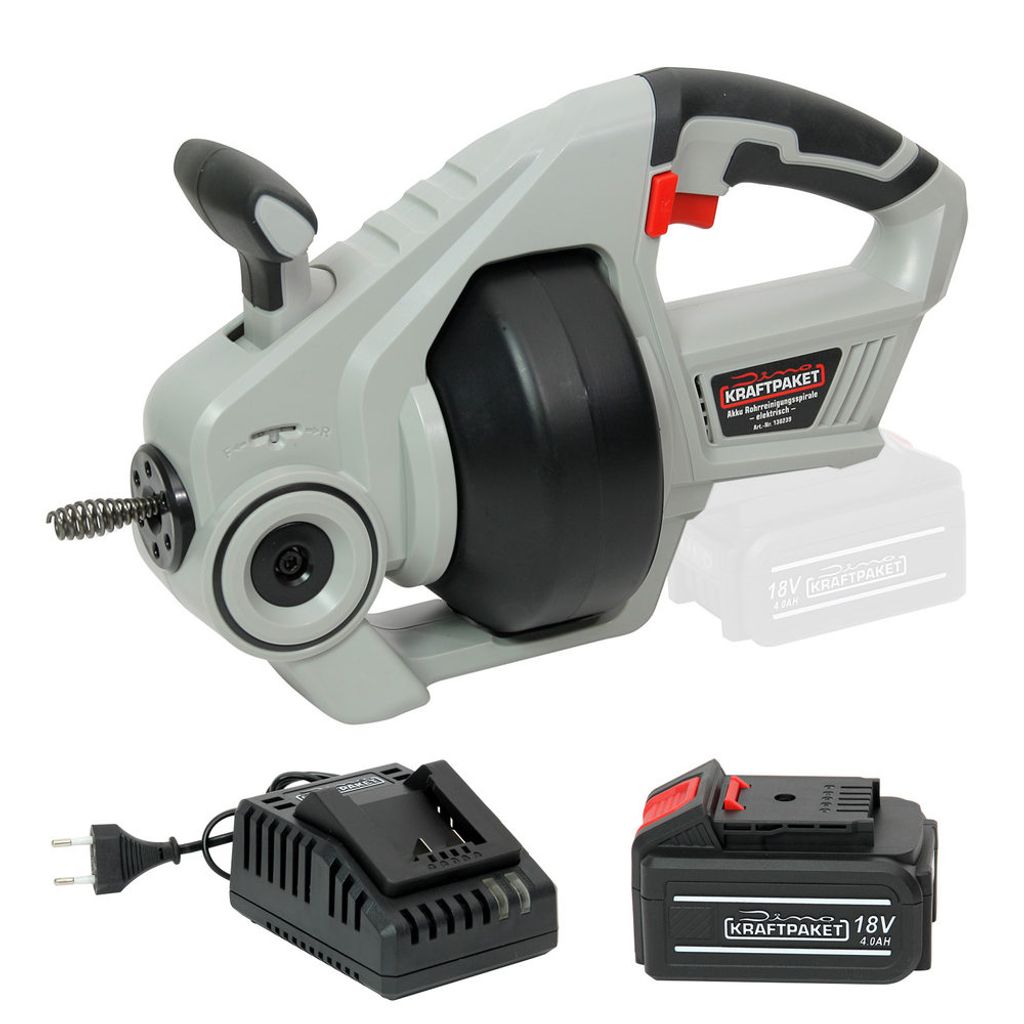 Dino KRAFTPAKET 18V-450W Akku Rohrreiniger elektrisch mit 4Ah Akku und 4A-Ladegerät | Rohrreinigungsspirale geeignet für Rohrdurchmesser 19-76mm-...