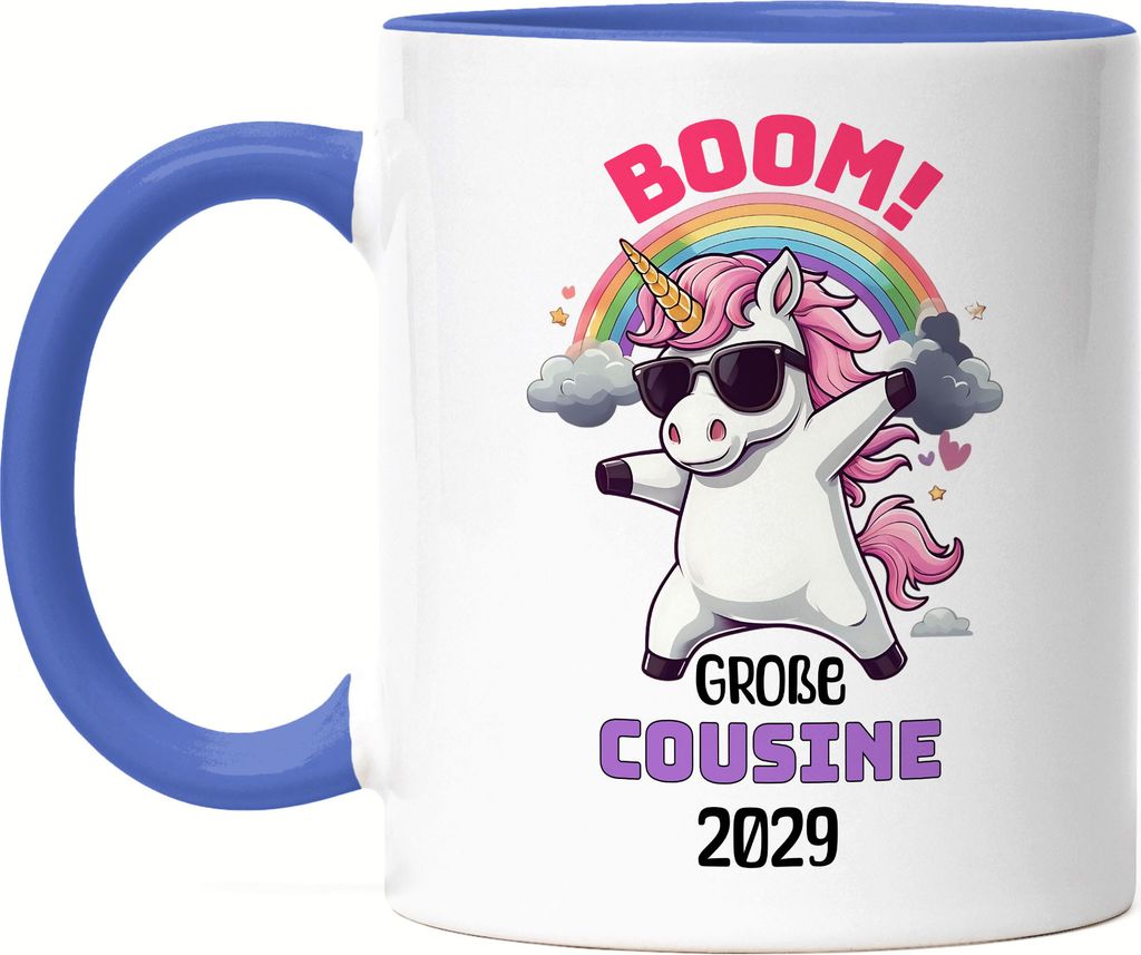 Boom Große Cousine 2029 Tasse Blau Geschenk Einhorn Babyparty Überraschung Familienfreude Liebe