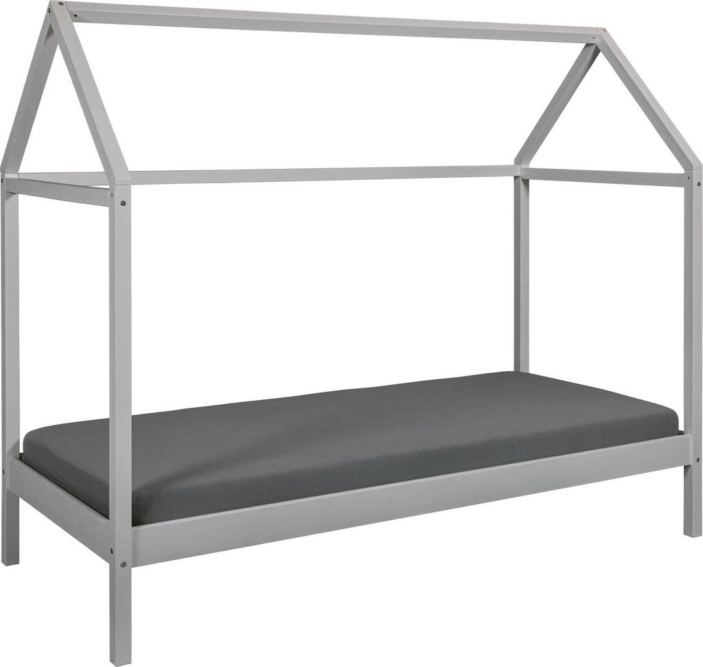 FURNARO Kinderbett Hausbett ohne Lattenrost Isabella Grau Massivholz 207 x 97 x 174 cm