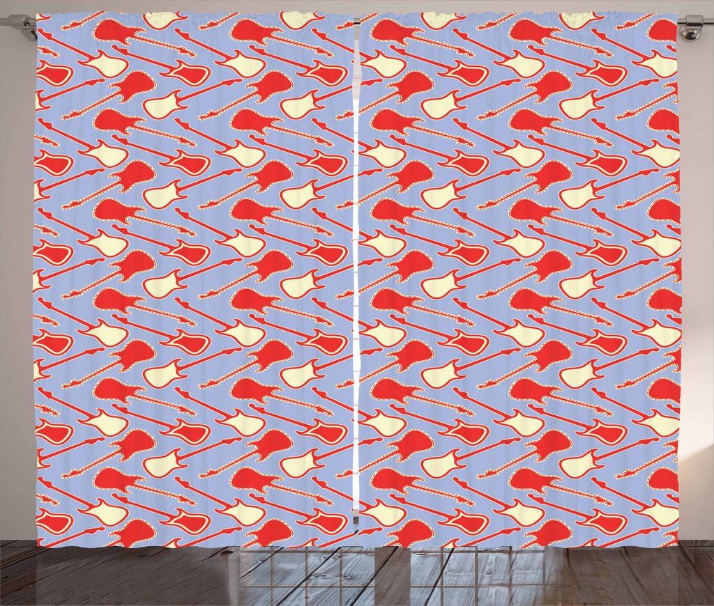 ABAKUHAUS Gitarre Rustikaler Gardine, Abstrakte Musikausrüstung, Schlafzimmer Kräuselband Vorhang mit Schlaufen und Haken, 280 x 225 cm, Zinnober...