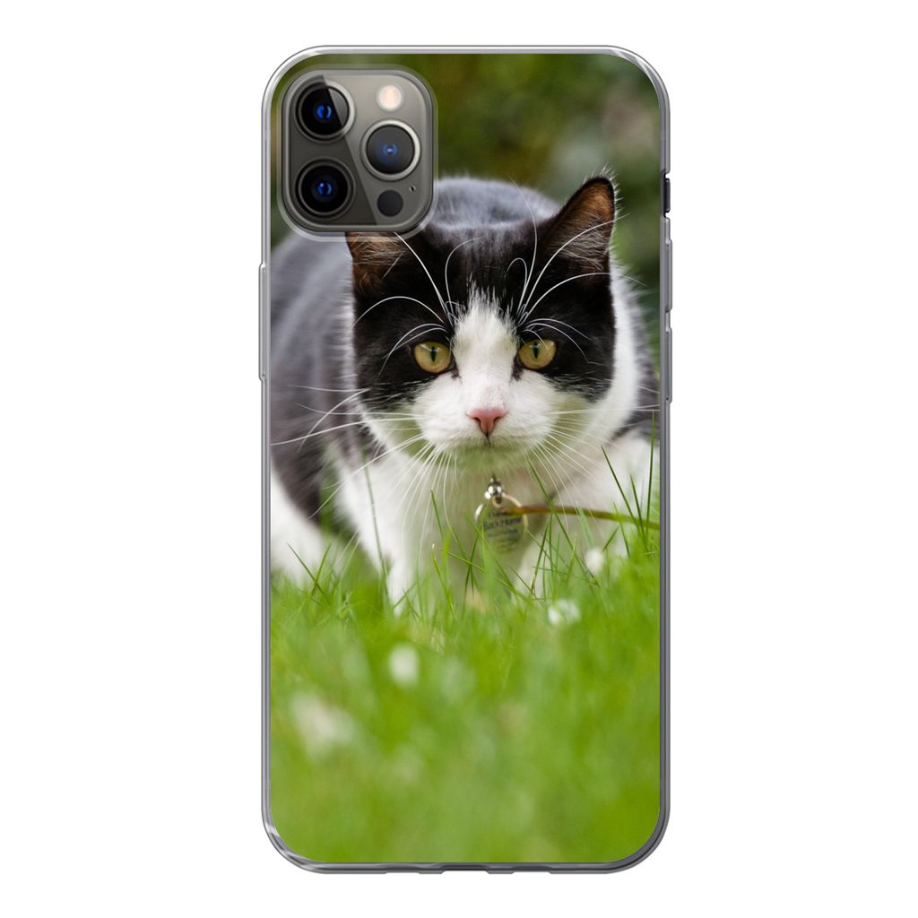 MuchoWow Handyhülle Schutzhülle Hülle für iPhone 13 Pro Max Katze - Gras - Schwarz - Weiß - Mädchen - Kinder - Jungen - Kinder Silikon Soft...