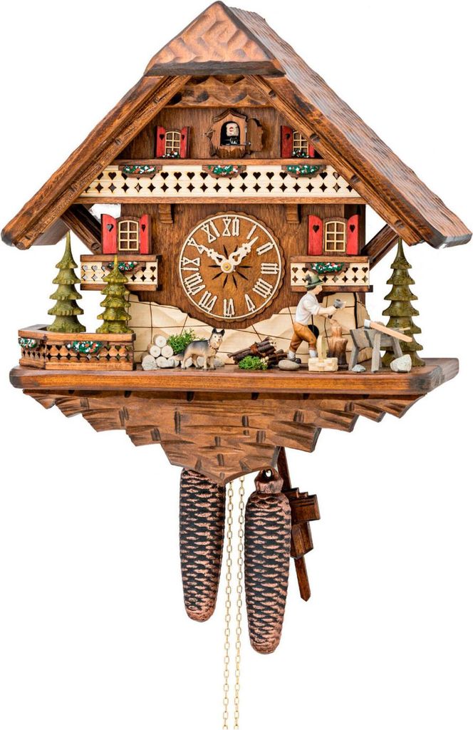 Cuco Clock Kuckucksuhr Schwarzwalduhr "Holzhacker mit Schäferhund" 42 x 40 x 21cm Wanduhr, 8 - Tage Werk, manuelle Nachtabschaltung