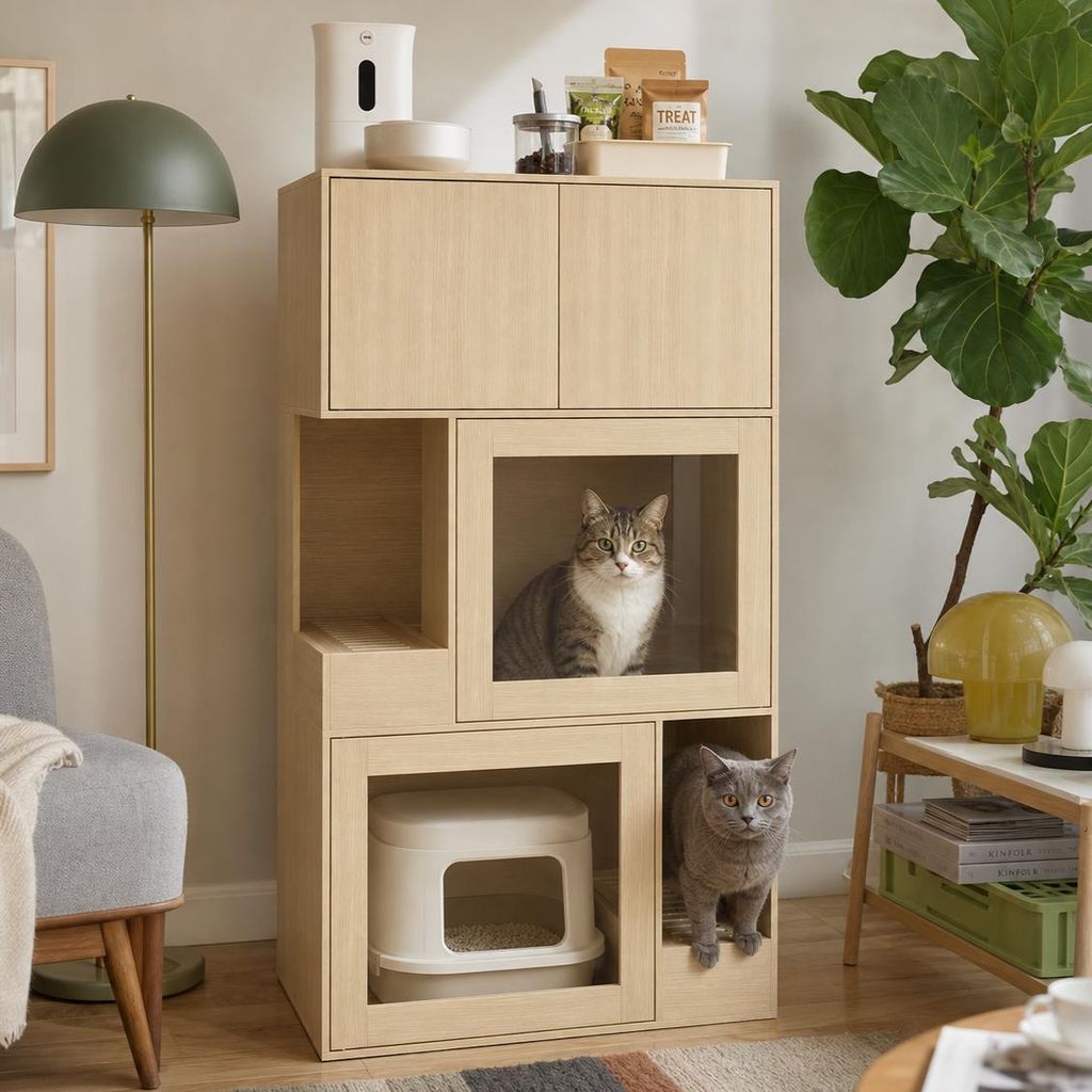 3-in-1 Katzenschrank mit Schublade & Tür & Eingang, 3-stöckiger Katzenklo-Schrank, Katzenhaus, Katzenklo, Katzenkommode, Haustierbox, MDF, Holzfarbe