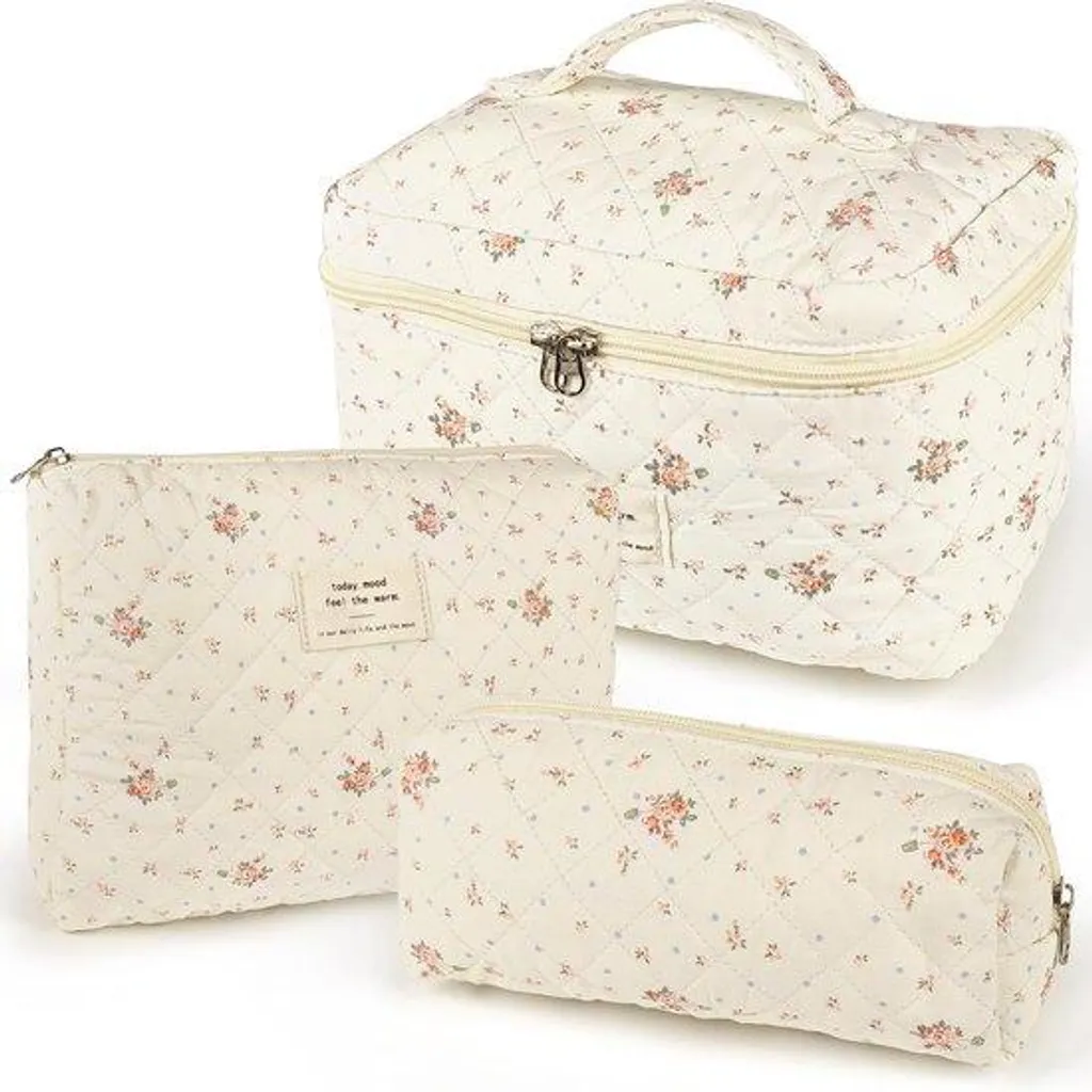 Set de trousses de toilette rembourrées en coton à fleurs rouges - 3 pcs