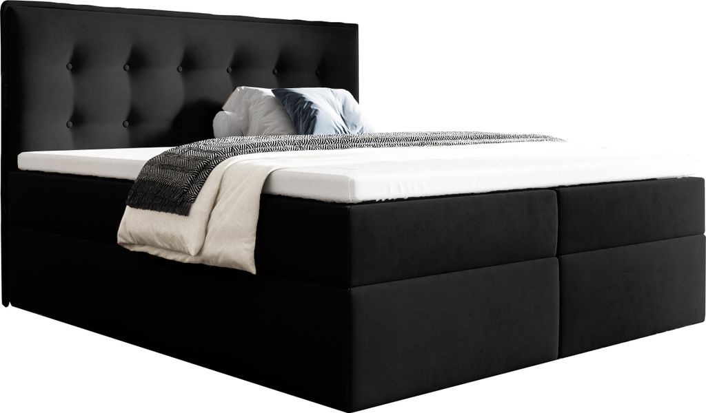 BETTSO Boxspringbett mit 2x Bettkasten Gepolstert Doppelbett mit Matratze und Topper Polsterbett für das Schlafzimmer FOCUS 140x200cm Schwarz