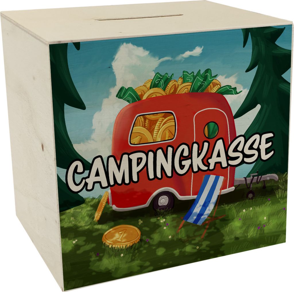 Spardose aus Holz mit Camper Motiv und Text - Wohnwagen im Wald Campingkasse